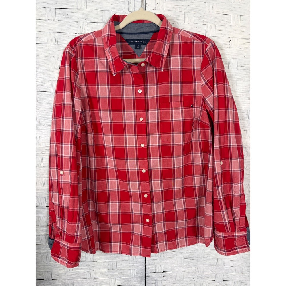 Tommy Hilfiger  Red Plaid Long Sleeve Button Down Shirt Roll‎ Tab Cotton